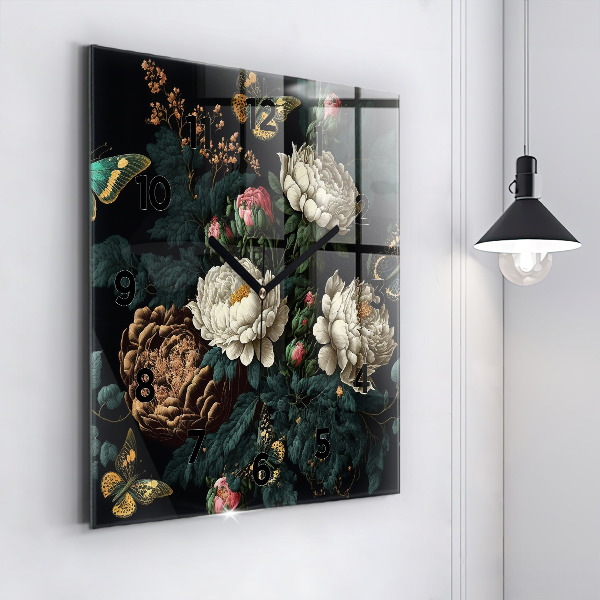 Square wall clock Flower and golden butterflies