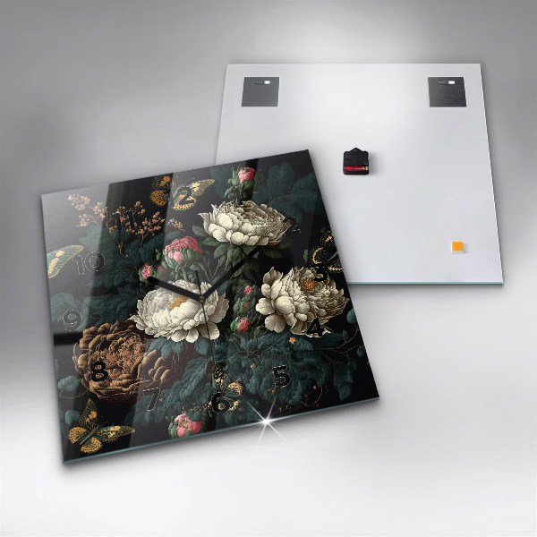 Square wall clock Flower and golden butterflies
