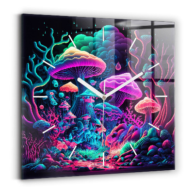 Square wall clock Neon mushrooms