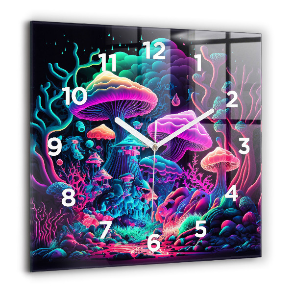 Square wall clock Neon mushrooms