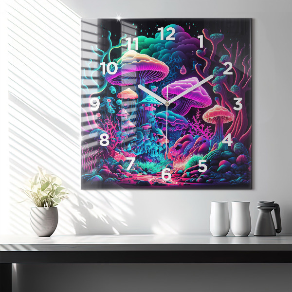 Square wall clock Neon mushrooms