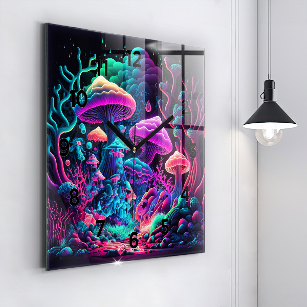 Square wall clock Neon mushrooms
