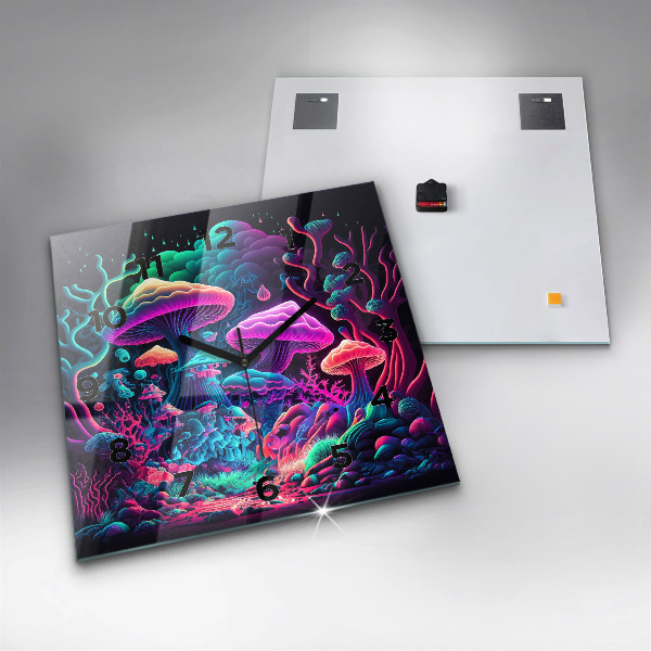 Square wall clock Neon mushrooms