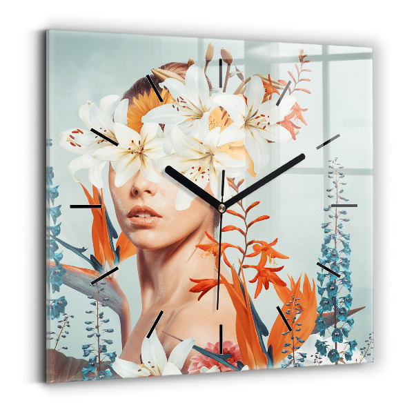 Square wall clock Woman with flowers