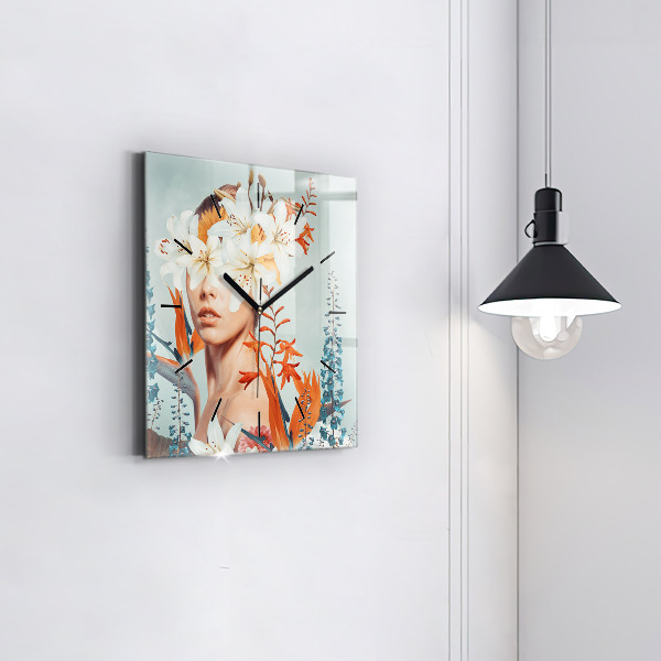 Square wall clock Woman with flowers