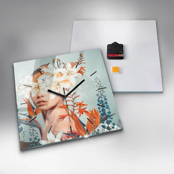 Square wall clock Woman with flowers