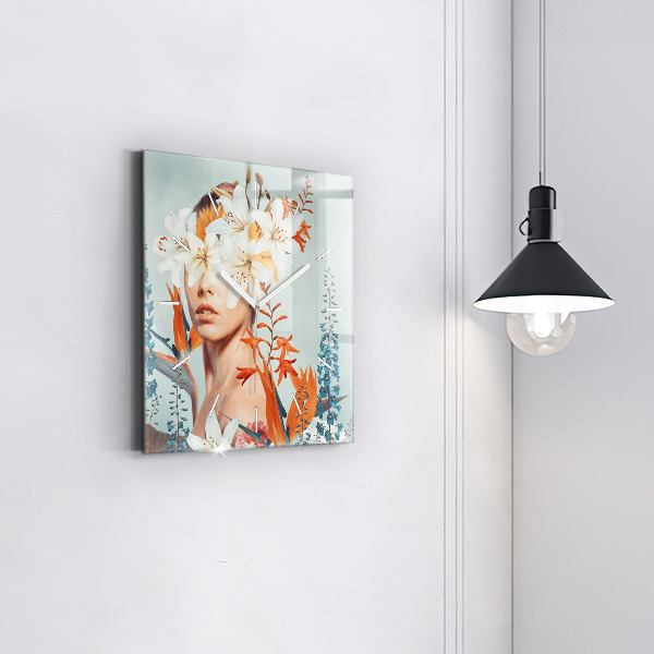 Square wall clock Woman with flowers