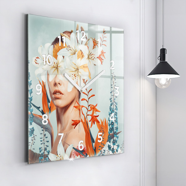 Square wall clock Woman with flowers