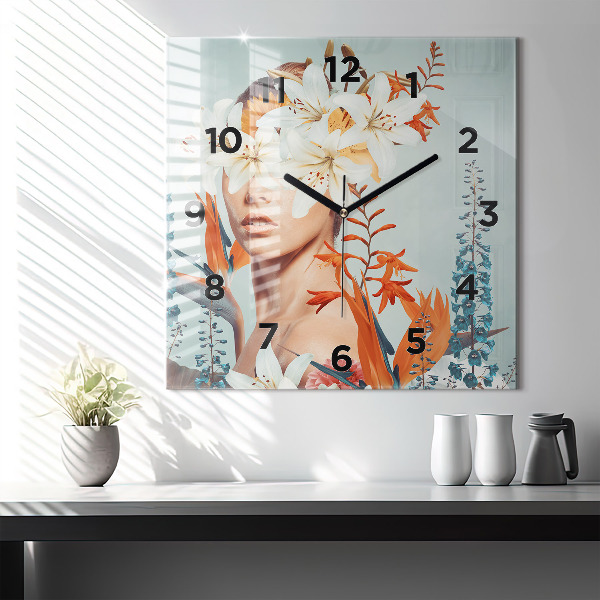 Square wall clock Woman with flowers