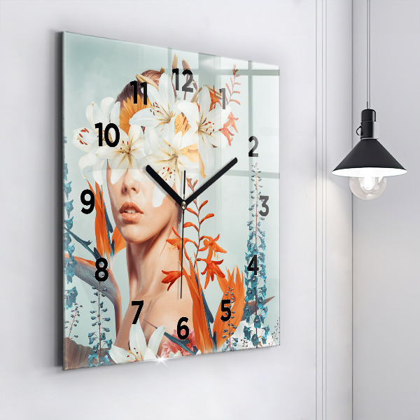 Square wall clock Woman with flowers