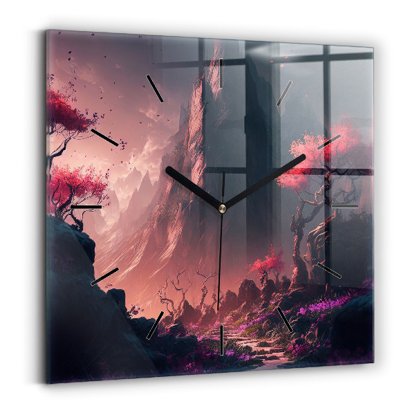 Square wall clock Magical forest and mountains