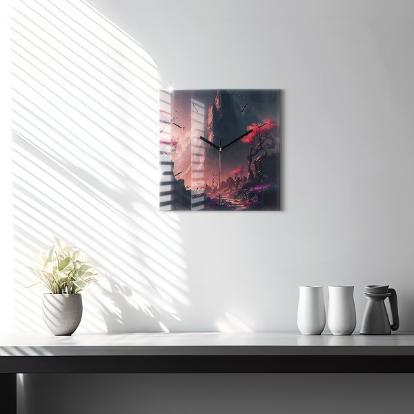 Square wall clock Magical forest and mountains