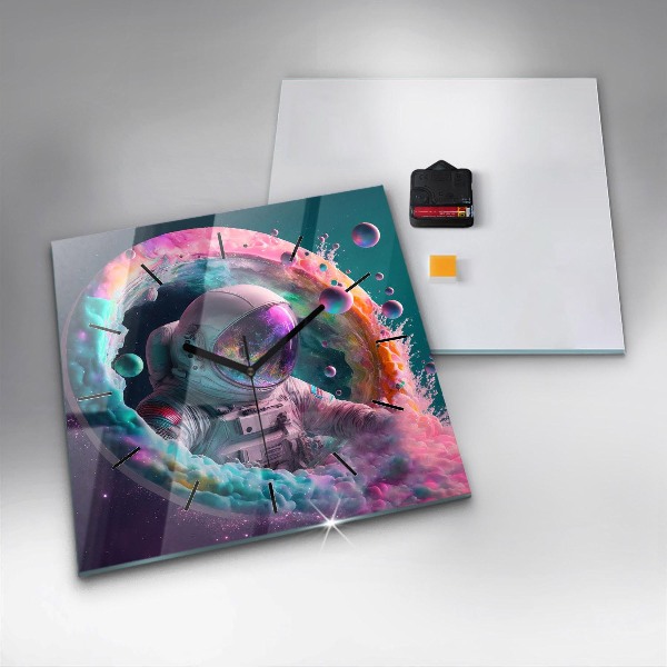 Square wall clock Cosmonaut and colorful clouds
