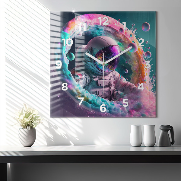 Square wall clock Cosmonaut and colorful clouds