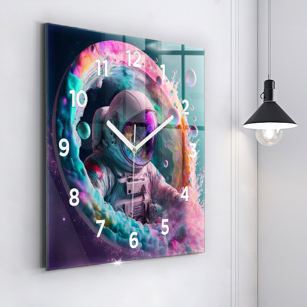 Square wall clock Cosmonaut and colorful clouds