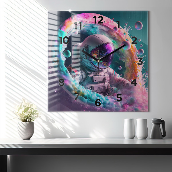 Square wall clock Cosmonaut and colorful clouds