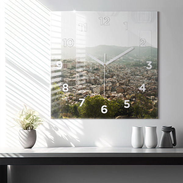 Square wall clock Barcelona view Montjuic