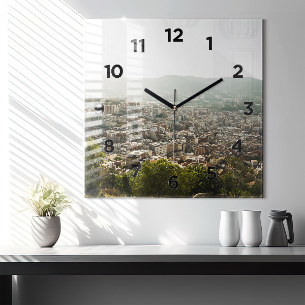 Square wall clock Barcelona view Montjuic