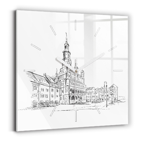 Square wall clock Sketch of the old town of Poznań