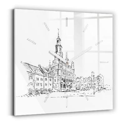 Square wall clock Sketch of the old town of Poznań