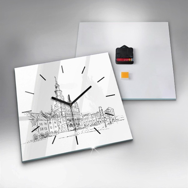 Square wall clock Sketch of the old town of Poznań