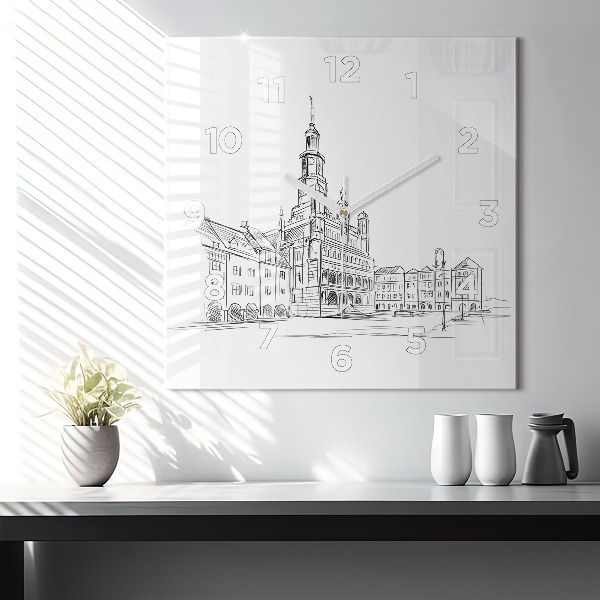 Square wall clock Sketch of the old town of Poznań