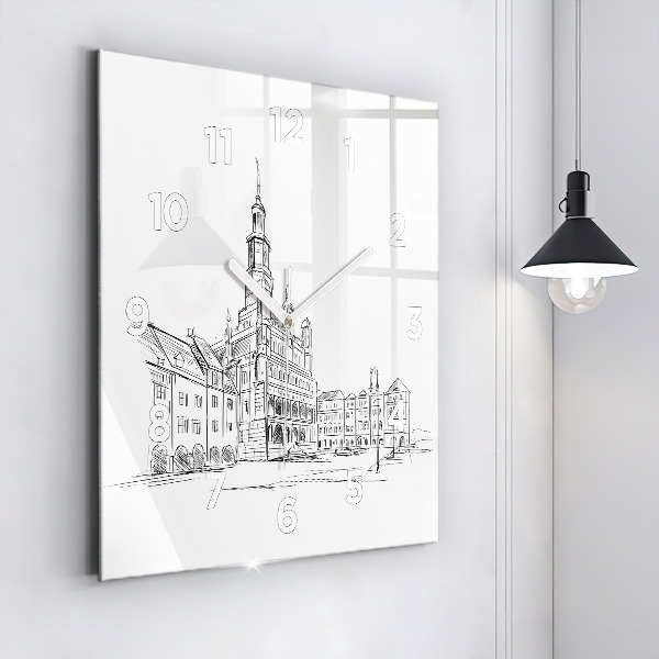 Square wall clock Sketch of the old town of Poznań