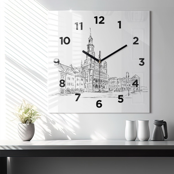 Square wall clock Sketch of the old town of Poznań