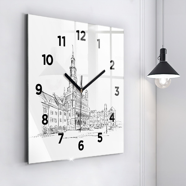 Square wall clock Sketch of the old town of Poznań
