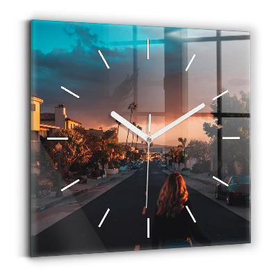 Square wall clock Woman on the road