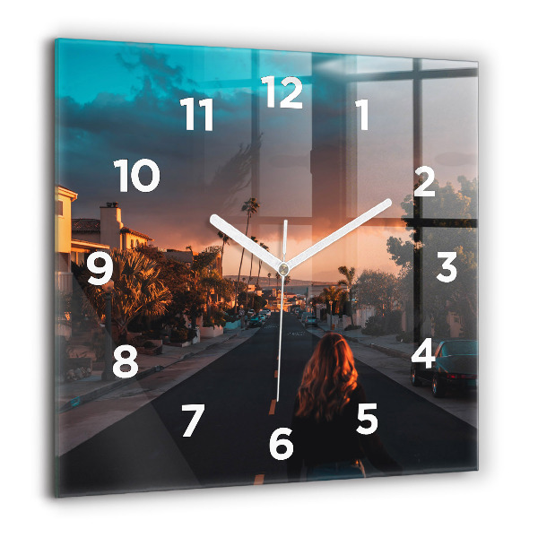 Square wall clock Woman on the road