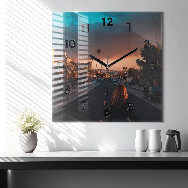 Square wall clock Woman on the road