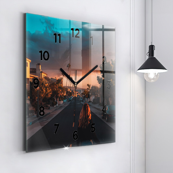 Square wall clock Woman on the road