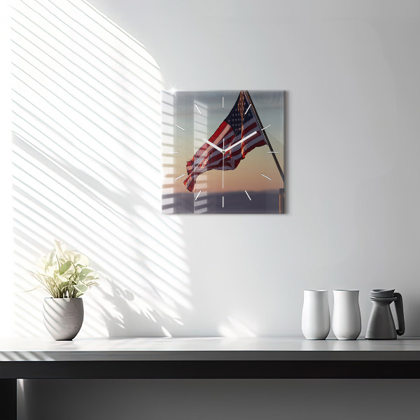 Square wall clock USA flag flying