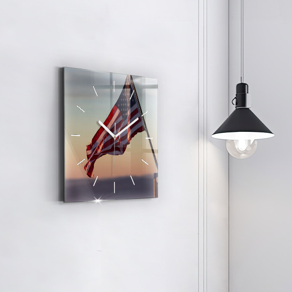 Square wall clock USA flag flying