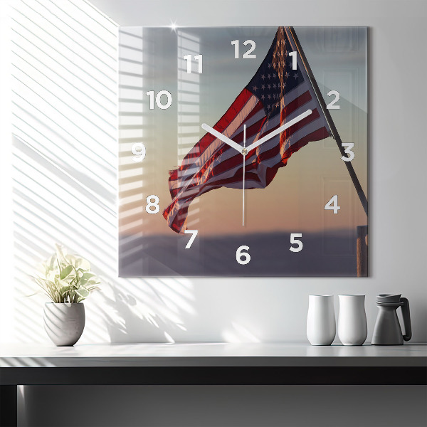 Square wall clock USA flag flying