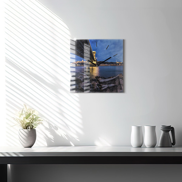 Square wall clock Rocky shore under the bridge