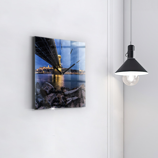 Square wall clock Rocky shore under the bridge