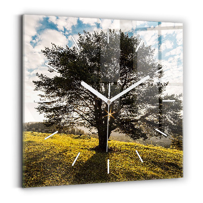 Square wall clock A tree on a hill
