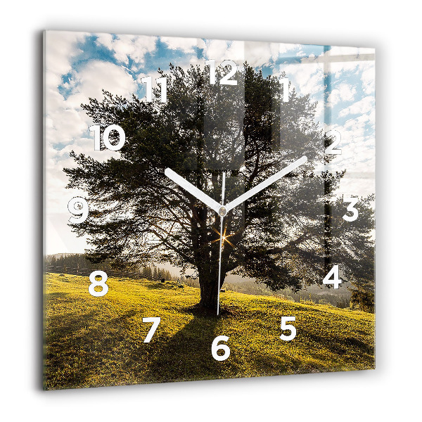 Square wall clock A tree on a hill