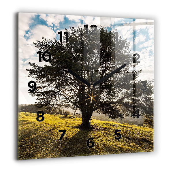 Square wall clock A tree on a hill