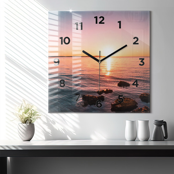 Square wall clock Rocks at sunset