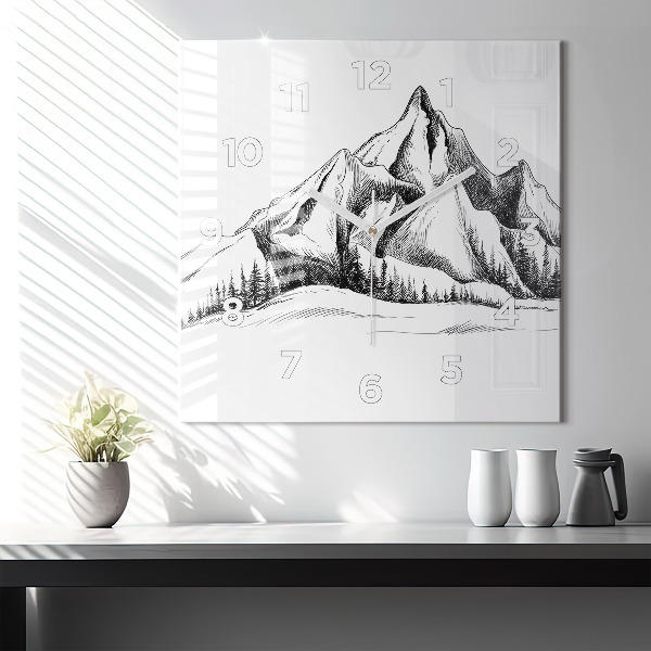 Square wall clock Drawn mountains