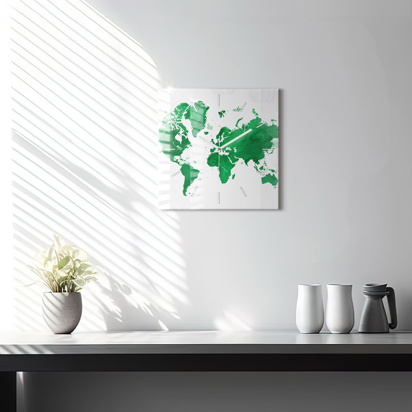 Square wall clock Green world map