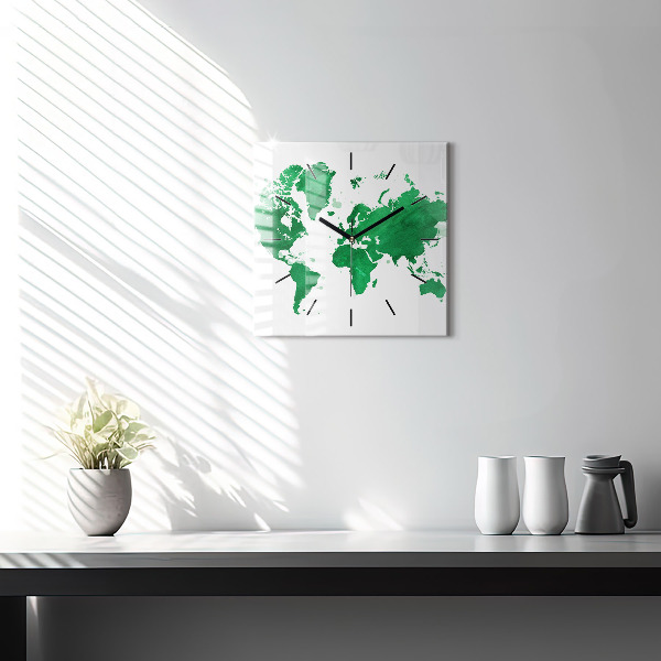 Square wall clock Green world map