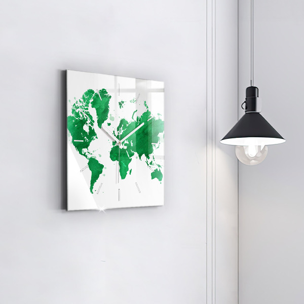 Square wall clock Green world map