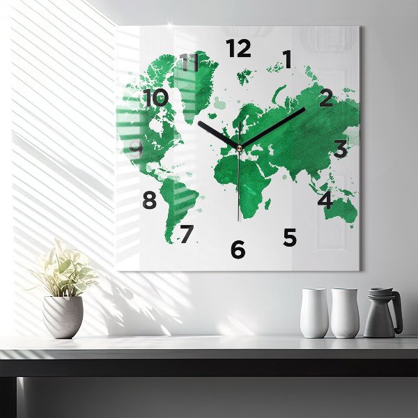 Square wall clock Green world map