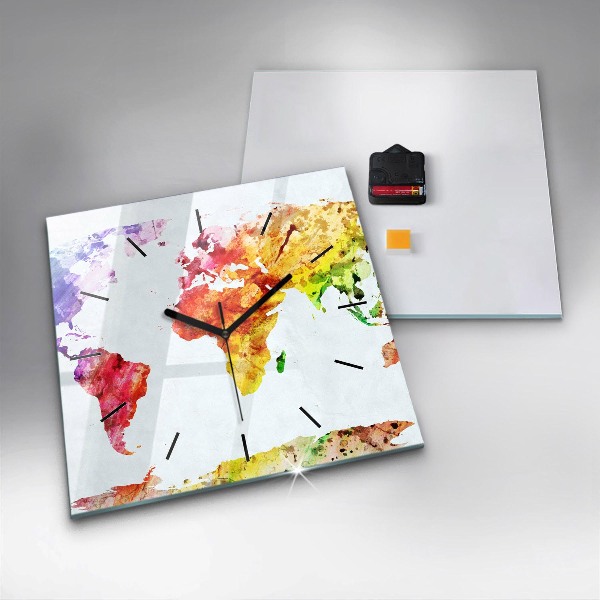 Square wall clock Watercolor world map
