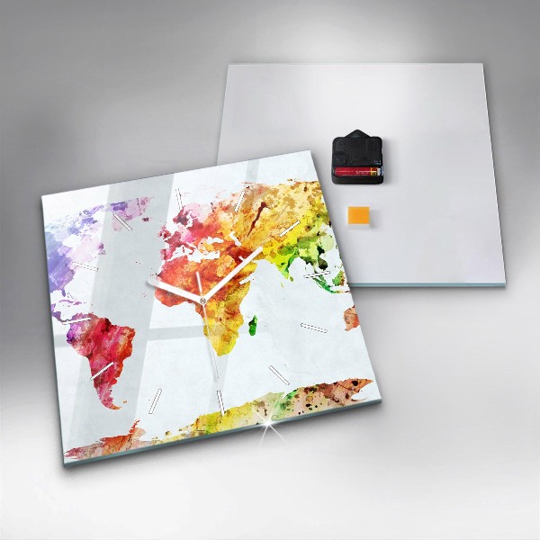 Square wall clock Watercolor world map