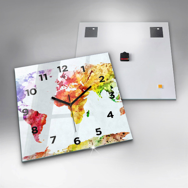 Square wall clock Watercolor world map